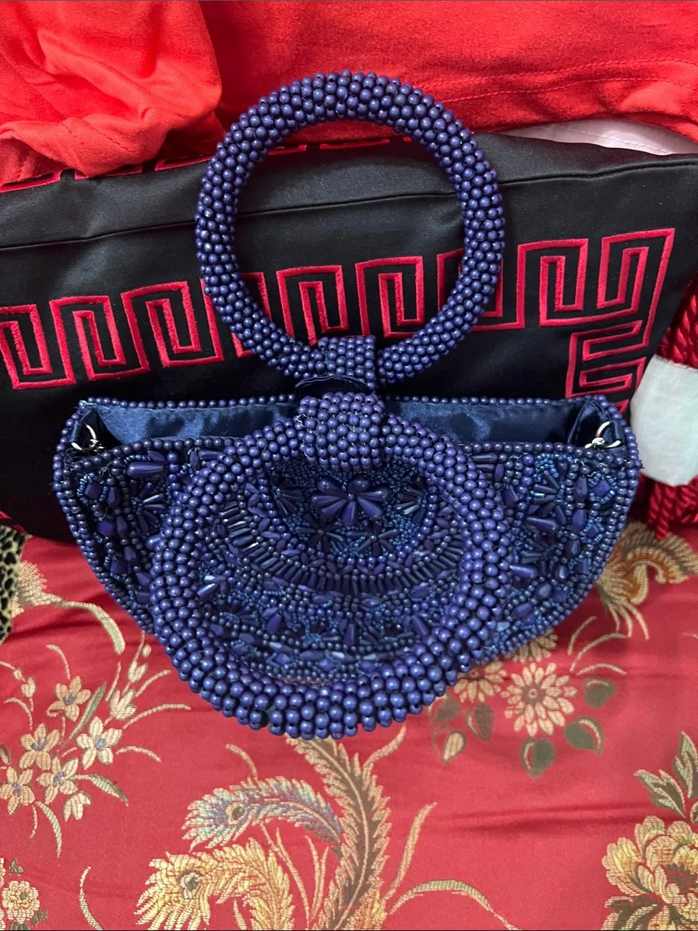 Handcrafted Beaded Half-Moon Tote Bag in Deep purple.